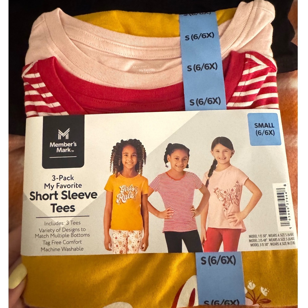 Members Mark Girls 3-Pack Short Sleeve Tees Yellow Red Pink Size Small 6/6X NEW
